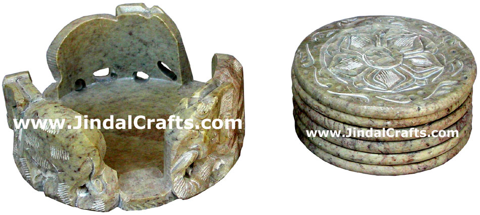 Hand Carved Stone Coaster Set Rich Indian Art Crafts Handicraft Artifact