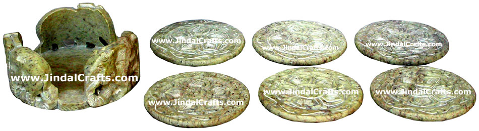 Hand Carved Stone Coaster Set Rich Indian Art Crafts Handicraft Artifact