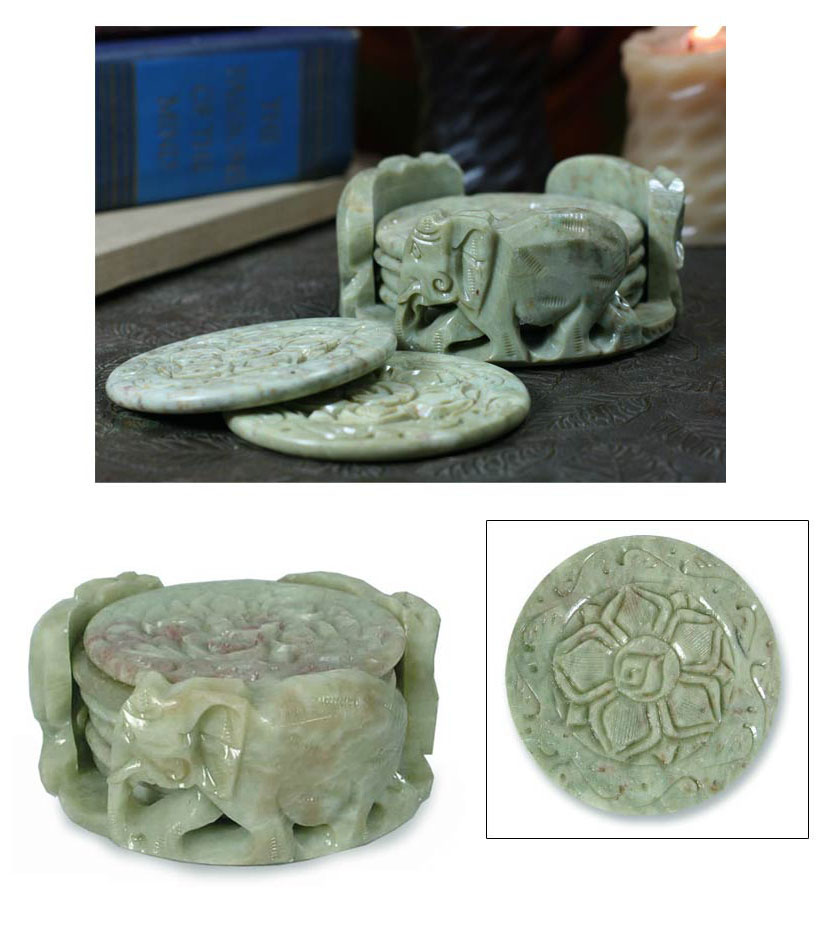 Hand Carved Stone Coaster Set Rich Indian Art Crafts Handicraft Artifact