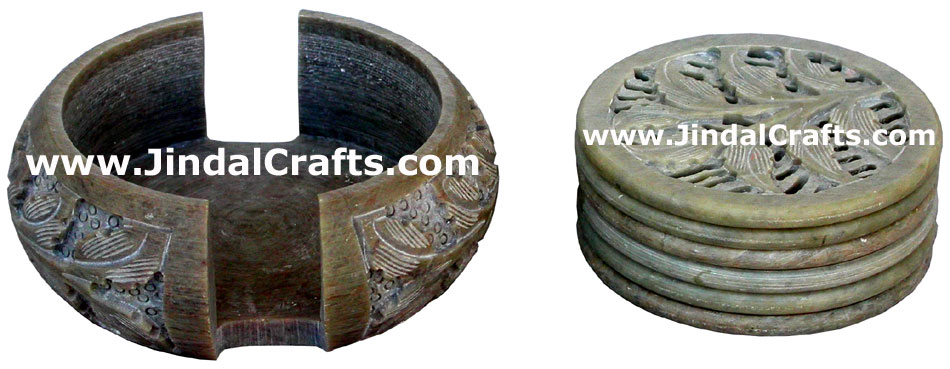 Hand Carved Stone Coaster Set Rich Indian Art Crafts Handicraft Artifact