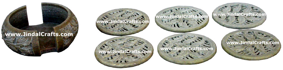 Hand Carved Stone Coaster Set Rich Indian Art Crafts Handicraft Artifact