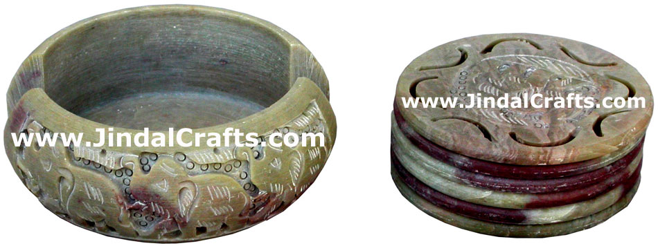 Hand Carved Stone Coaster Set Rich Indian Art Crafts Handicraft Artifact