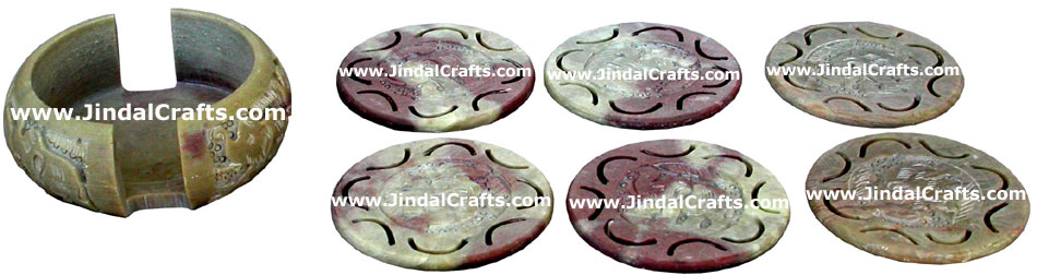 Hand Carved Stone Coaster Set Rich Indian Art Crafts Handicraft Artifact