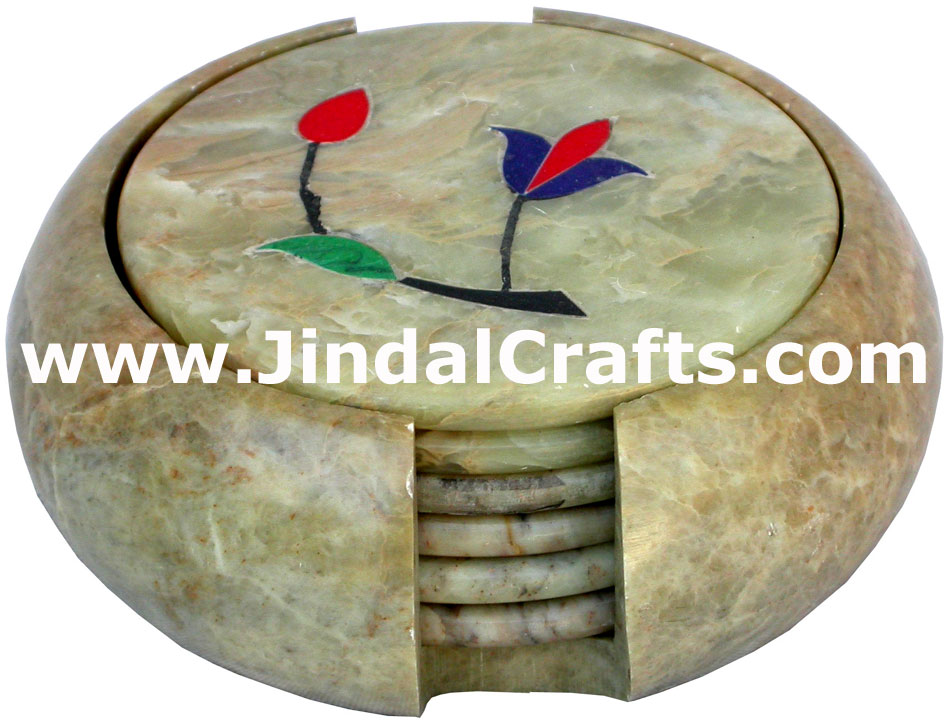 Hand Carved Stone Inlay Coaster Set Rich Indian Art Crafts Handicraft Artifact