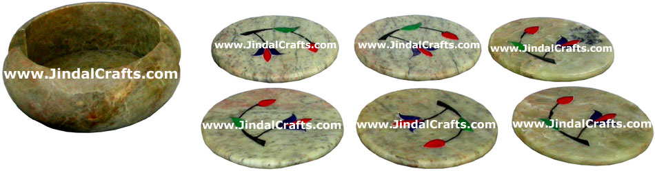 Hand Carved Stone Inlay Coaster Set Rich Indian Art Crafts Handicraft Artifact