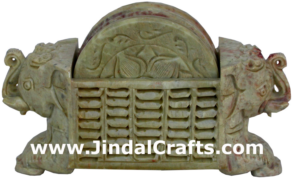 Hand Carved Stone Coaster Set Rich Indian Art Crafts Handicraft Artifact