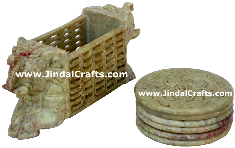 Hand Carved Stone Coaster Set Rich Indian Art Crafts Handicraft Artifact