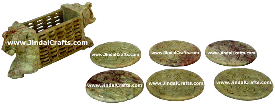 Hand Carved Stone Coaster Set Rich Indian Art Crafts Handicraft Artifact