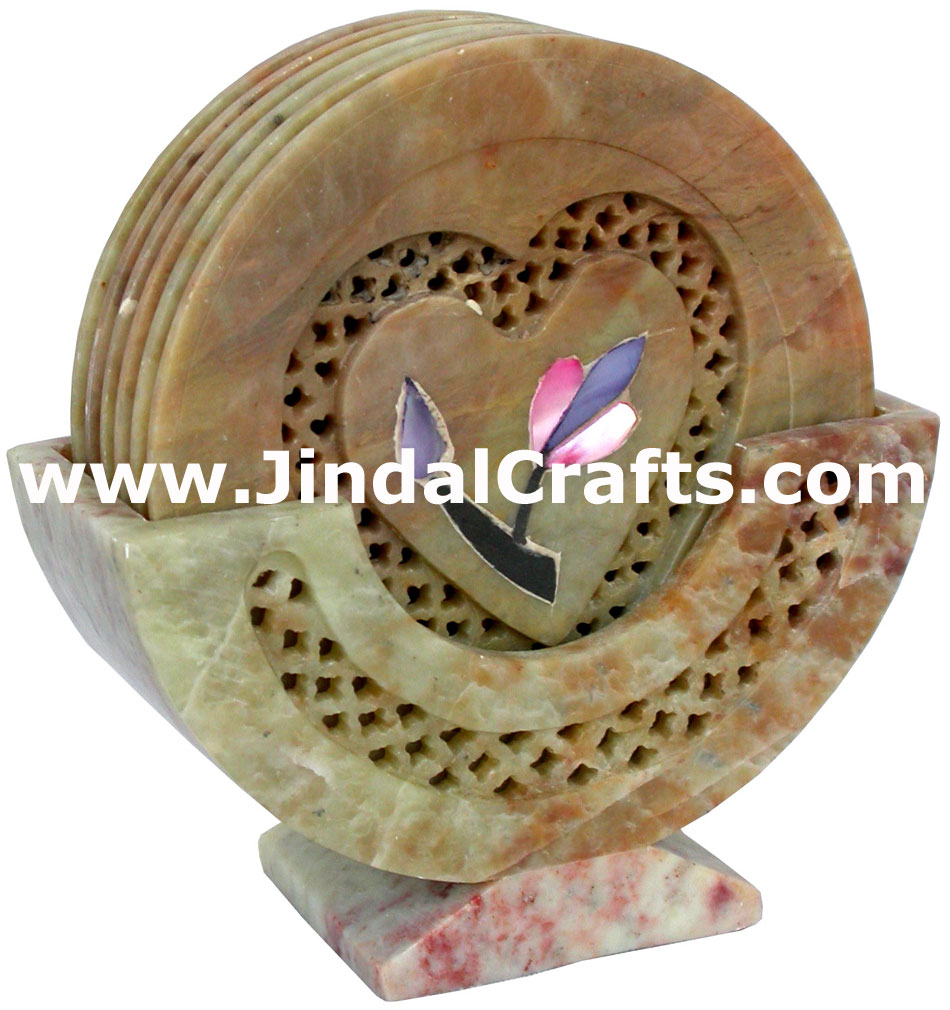 Hand Carved Stone Inlay Coaster Set Rich Indian Art Crafts Handicraft Artifact