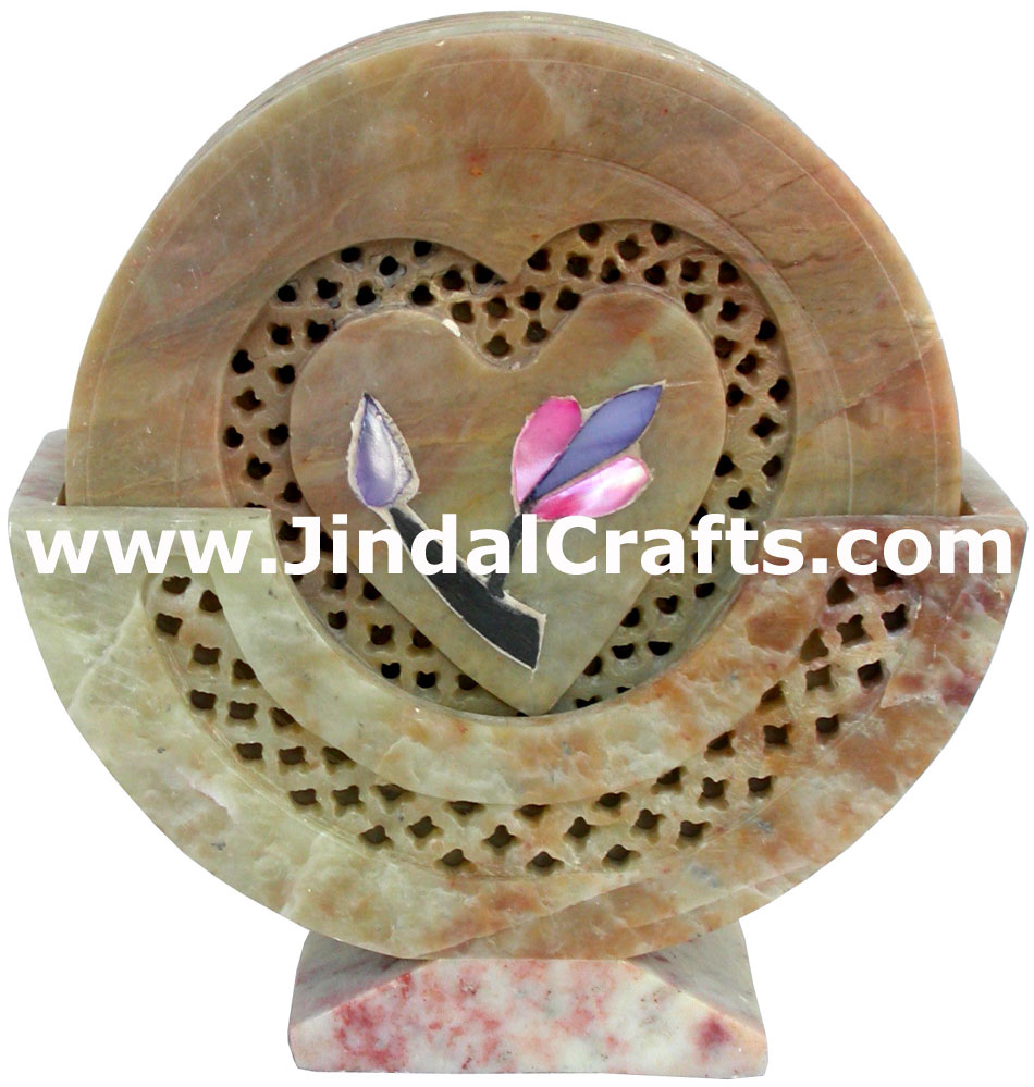 Hand Carved Stone Inlay Coaster Set Rich Indian Art Crafts Handicraft Artifact