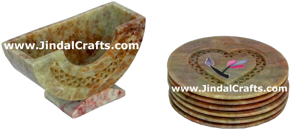 Hand Carved Stone Inlay Coaster Set Rich Indian Art Crafts Handicraft Artifact