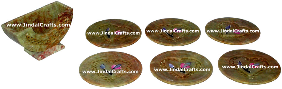 Hand Carved Stone Inlay Coaster Set Rich Indian Art Crafts Handicraft Artifact