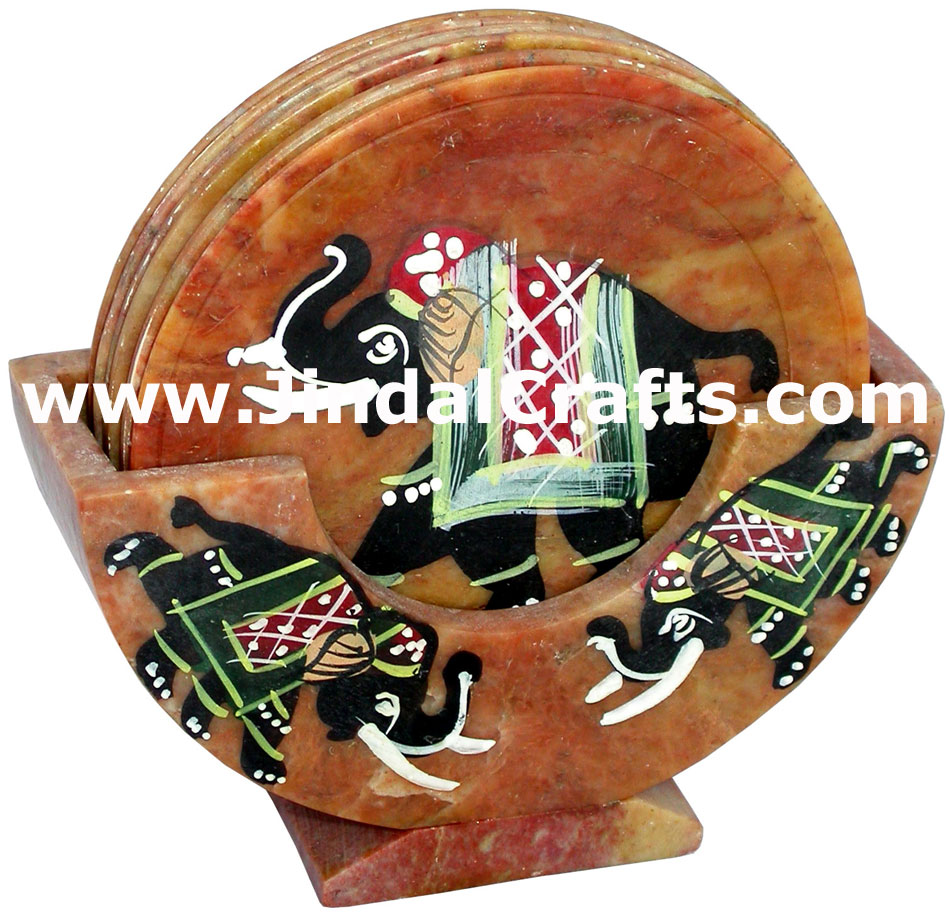 Hand Carved Hand Painted Stone Coaster Set Rich Indian Art Crafts Handicraft