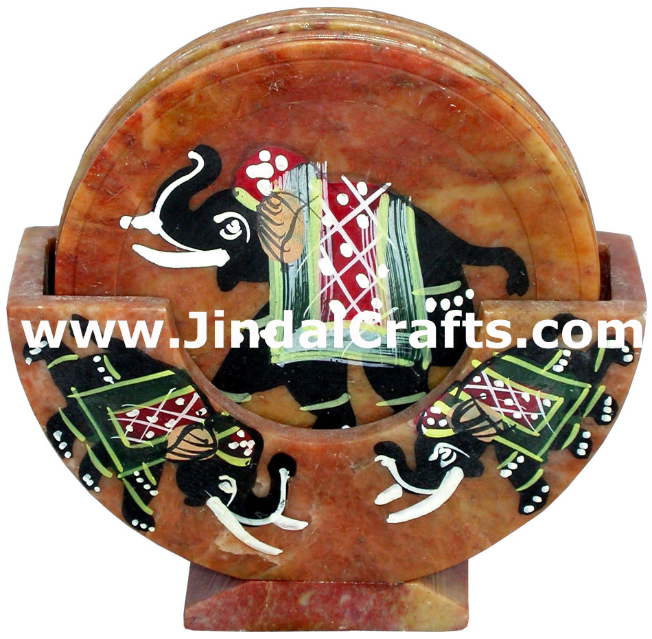 Hand Carved Hand Painted Stone Coaster Set Rich Indian Art Crafts Handicraft