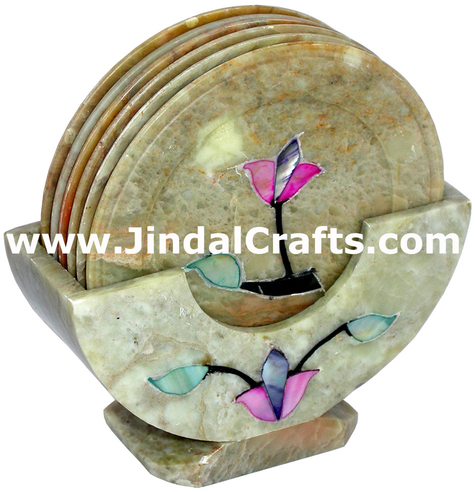 Hand Carved Stone Inlay Coaster Set Rich Indian Art Crafts Handicraft Artifact