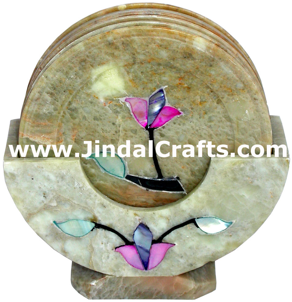 Hand Carved Stone Inlay Coaster Set Rich Indian Art Crafts Handicraft Artifact