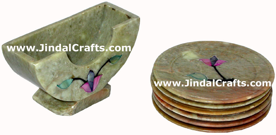 Hand Carved Stone Inlay Coaster Set Rich Indian Art Crafts Handicraft Artifact
