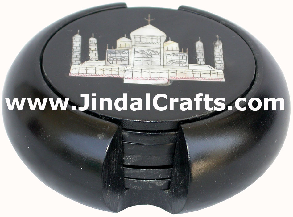 Hand Carved Stone Coaster Set Rich Indian Handicraft Mother Of Pearl Taj Mahal