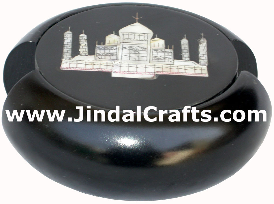 Hand Carved Stone Coaster Set Rich Indian Handicraft Mother Of Pearl Taj Mahal