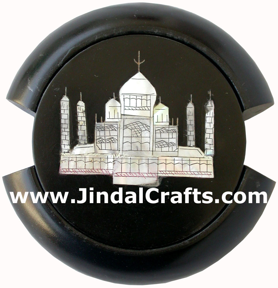 Hand Carved Stone Coaster Set Rich Indian Handicraft Mother Of Pearl Taj Mahal