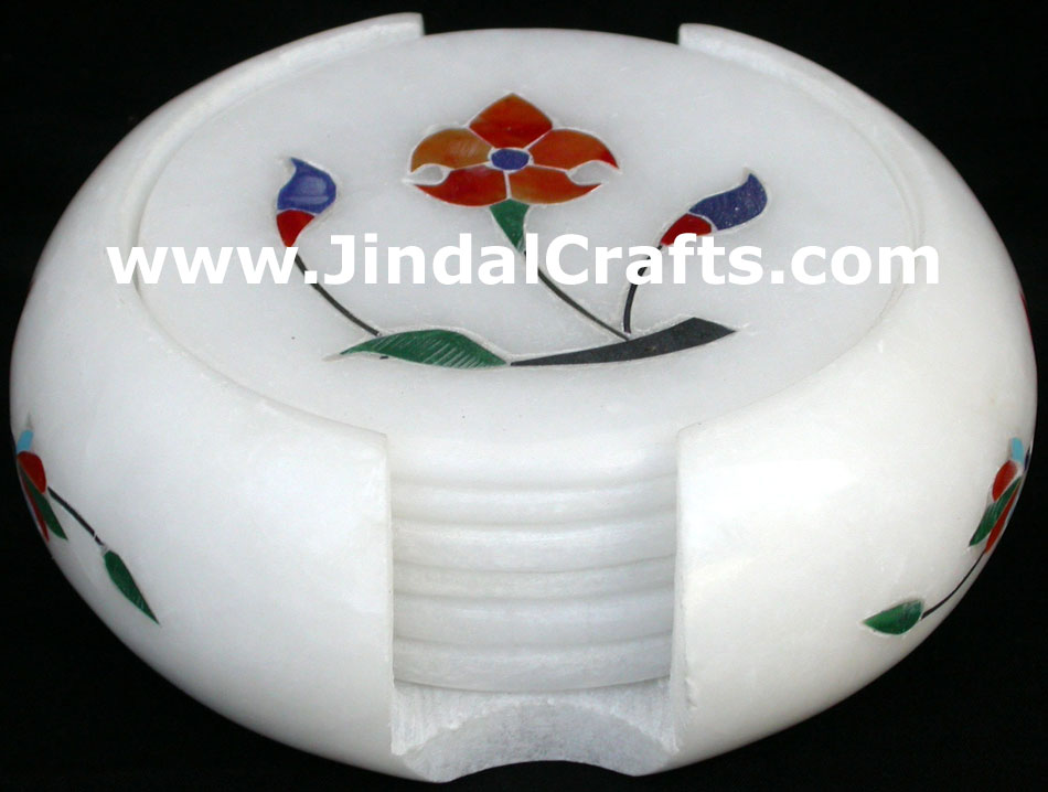 Hand Carved Stone Inlay Coaster Set Rich Indian Art Crafts Handicraft Artifact