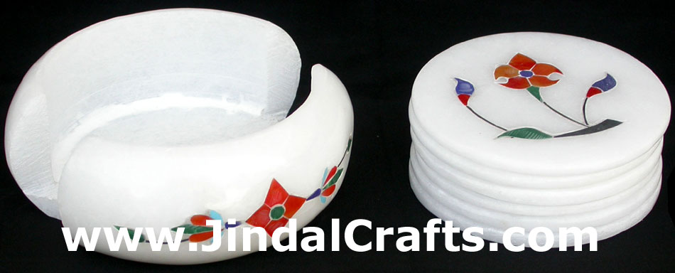 Hand Carved Stone Inlay Coaster Set Rich Indian Art Crafts Handicraft Artifact