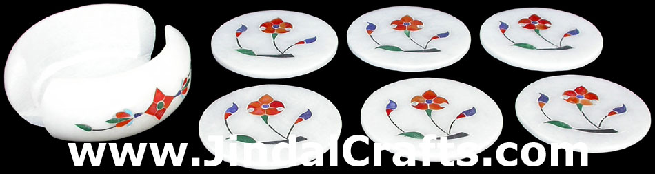 Hand Carved Stone Inlay Coaster Set Rich Indian Art Crafts Handicraft Artifact