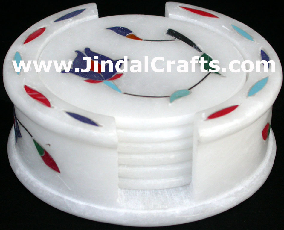 Hand Carved Stone Inlay Coaster Set Rich Indian Art Crafts Handicraft Artifact