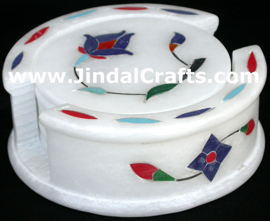 Hand Carved Stone Inlay Coaster Set Rich Indian Art Crafts Handicraft Artifact