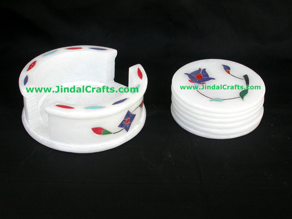 Hand Carved Stone Inlay Coaster Set Rich Indian Art Crafts Handicraft Artifact