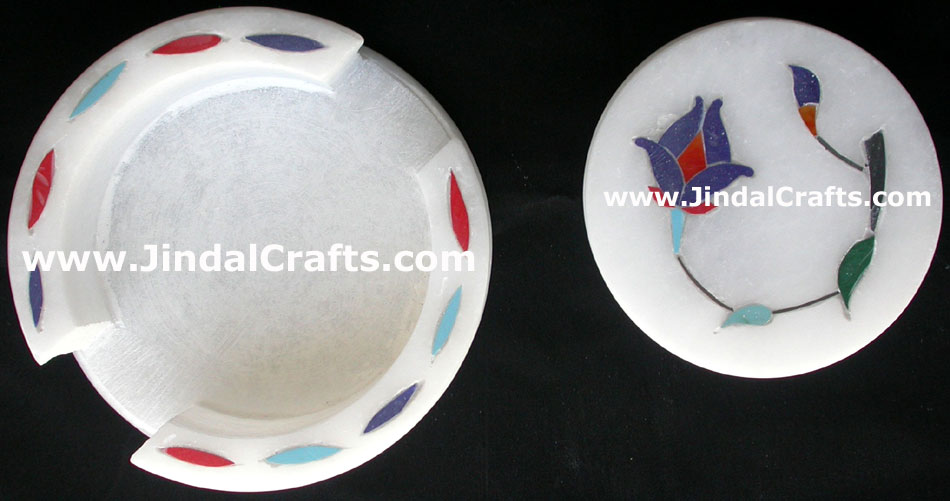 Hand Carved Stone Inlay Coaster Set Rich Indian Art Crafts Handicraft Artifact