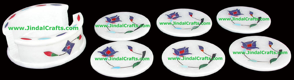 Hand Carved Stone Inlay Coaster Set Rich Indian Art Crafts Handicraft Artifact