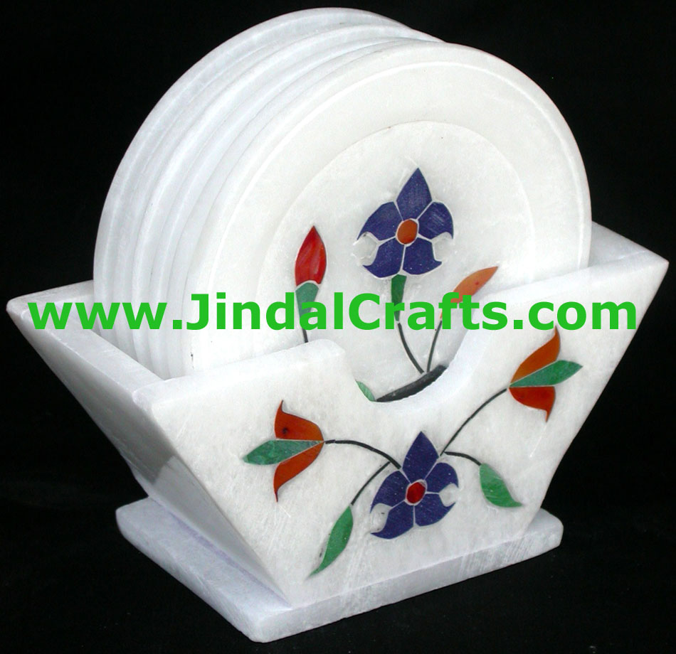 Hand Carved Stone Inlay Coaster Set Rich Indian Art Crafts Handicraft Artifact