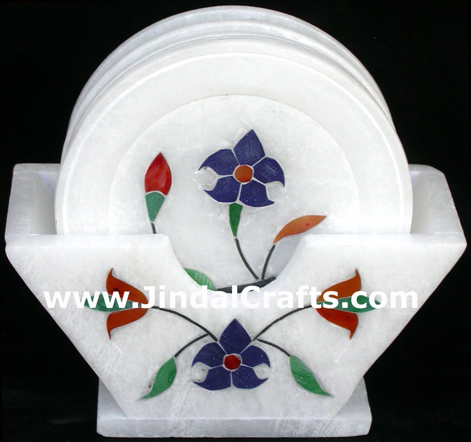 Hand Carved Stone Inlay Coaster Set Rich Indian Art Crafts Handicraft Artifact