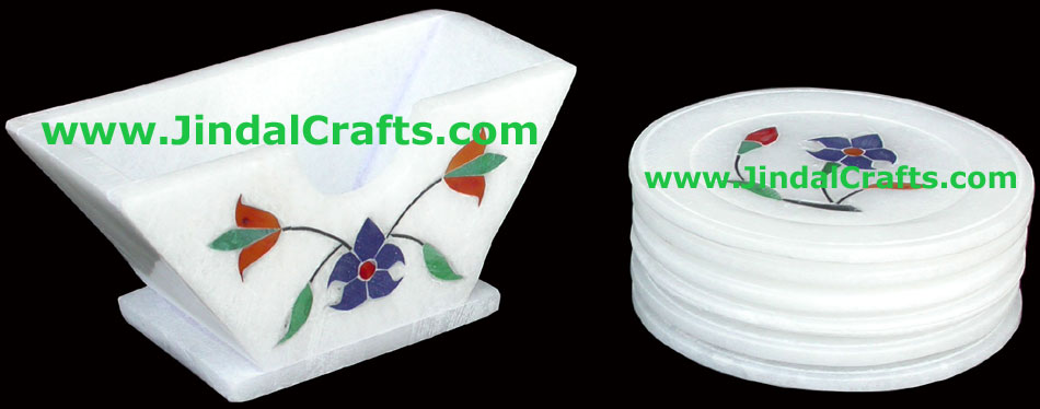 Hand Carved Stone Inlay Coaster Set Rich Indian Art Crafts Handicraft Artifact
