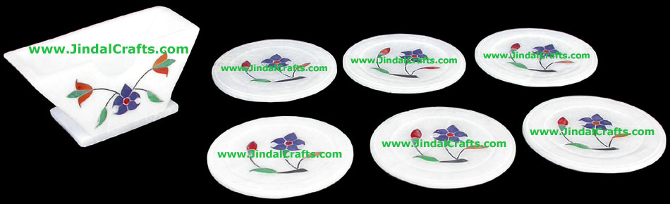 Hand Carved Stone Inlay Coaster Set Rich Indian Art Crafts Handicraft Artifact