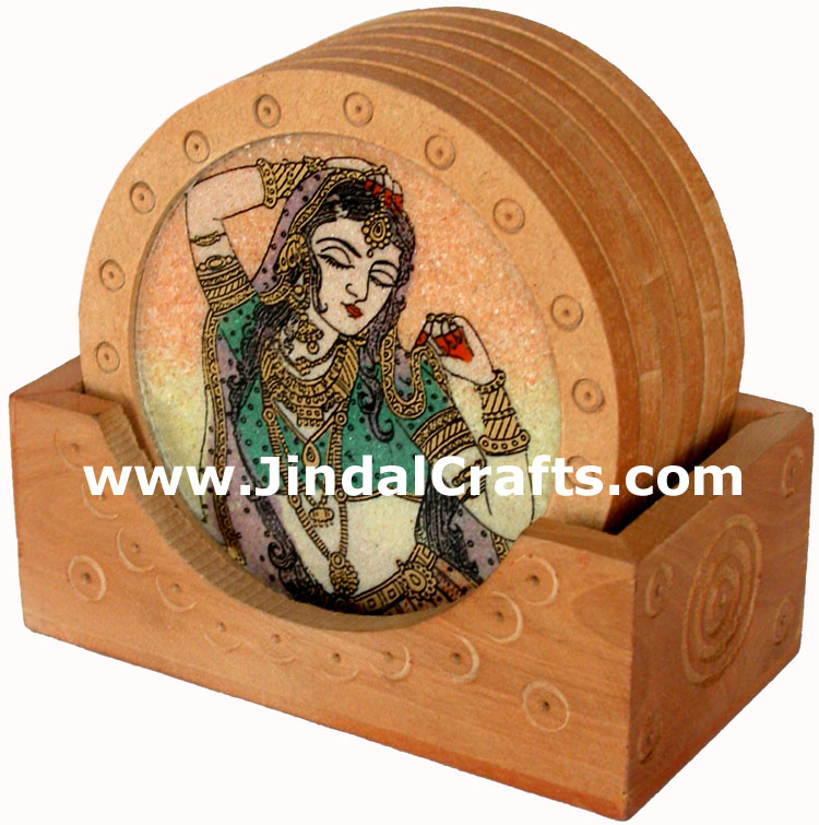 Handmade Gemstone Dust Coasters Set in Wood Frame India