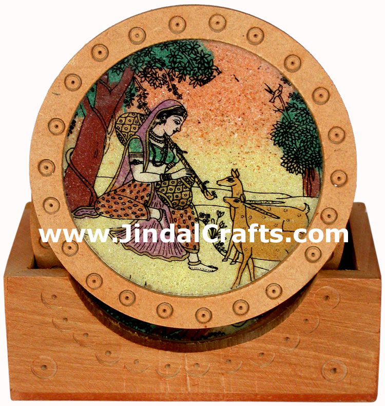 Handmade Gemstone Dust Coasters Set in Wood Frame India