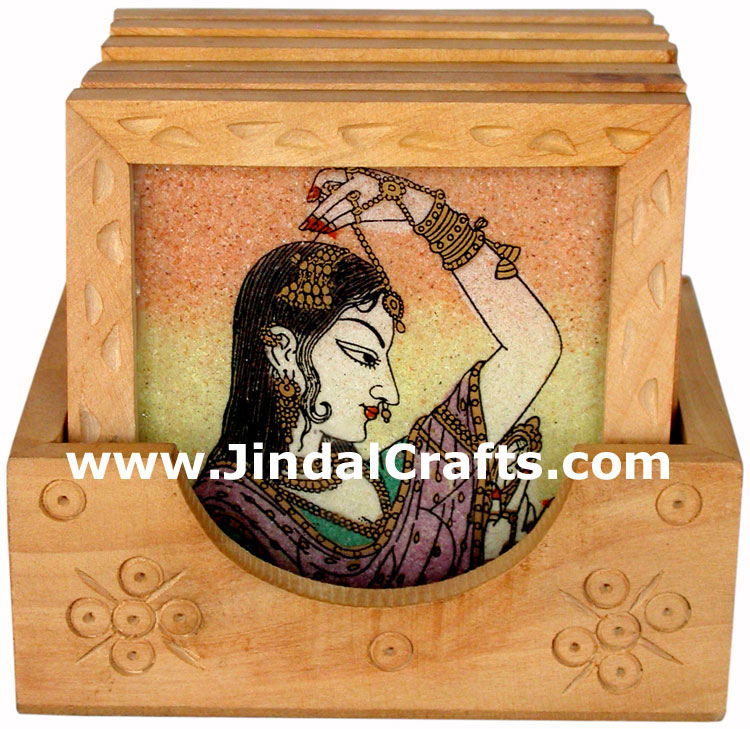 Handmade Traditional Dust Coasters Wood Set India Art Artifact Gift Handicraft