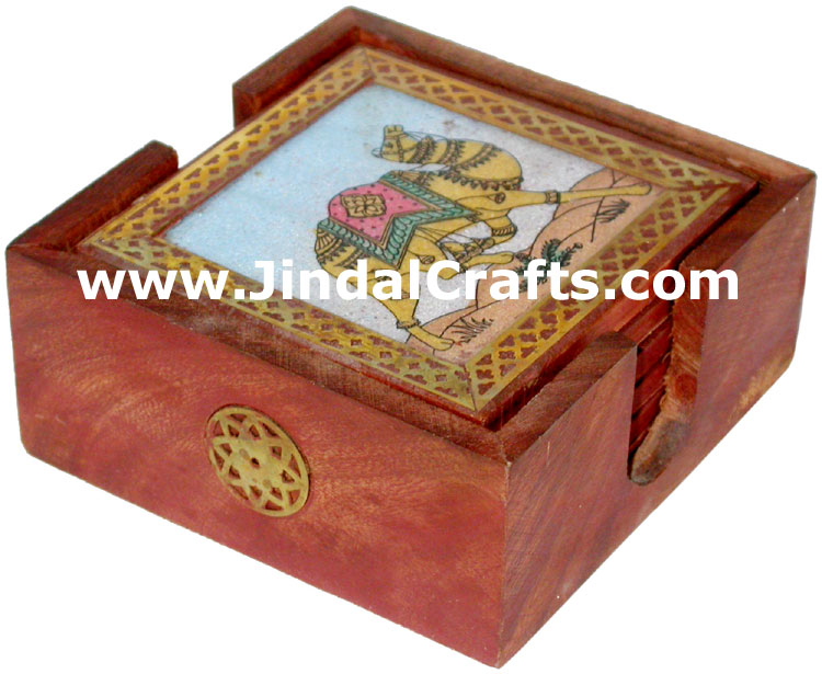 Handmade Gemstone Dust Wood Coasters Set India Crafts