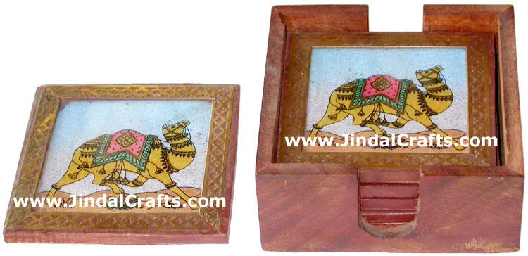 Handmade Gemstone Dust Wood Coasters Set India Crafts