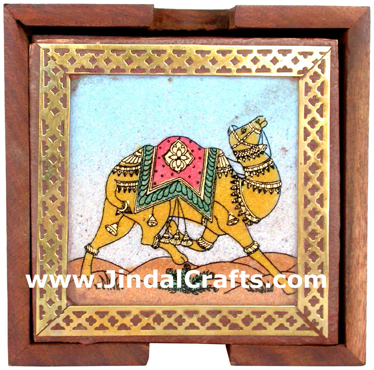 Handmade Gemstone Dust Wood Coasters Set India Crafts
