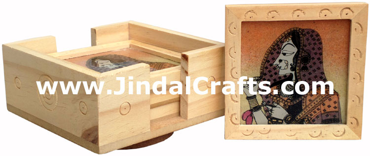 Handmade Wooden Gemstone Dust Colorful Coaster Set Rich Indian Handicrafts Arts