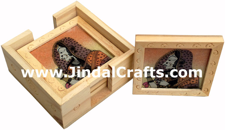 Handmade Wooden Gemstone Dust Colorful Coaster Set Rich Indian Handicrafts Arts