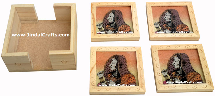 Handmade Wooden Gemstone Dust Colorful Coaster Set Rich Indian Handicrafts Arts
