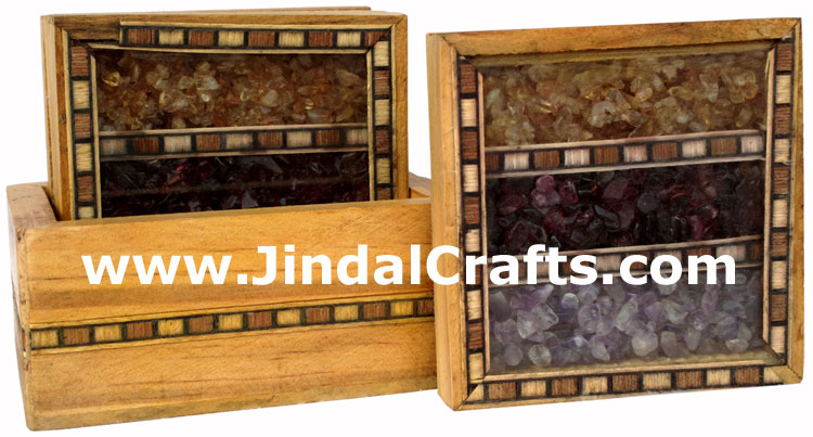 Handmade Wooden Stone Pieces Colorful Coaster Set Rich Indian Handicrafts Arts