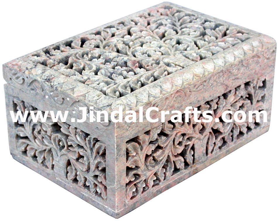 Hand Carved Stone Jewelry Multi Purpose Jaali Design Box Indian Handicrafts Arts