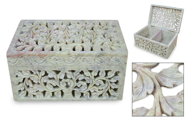 Hand Carved Stone Jewelry Multi Purpose Jaali Design Box Indian Handicrafts Arts