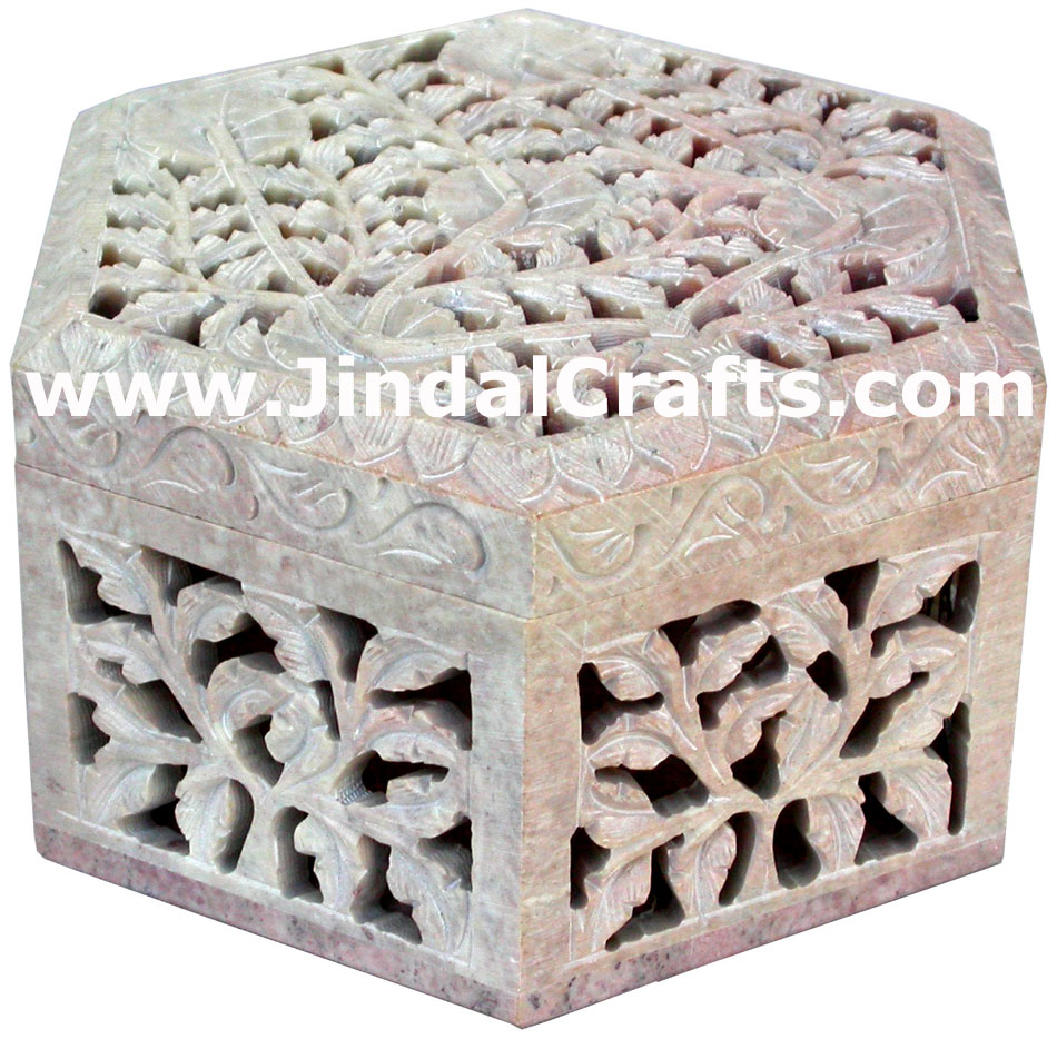 Hand Carved Stone Jewelry Multi Purpose Jaali Design Box Indian Handicrafts Arts