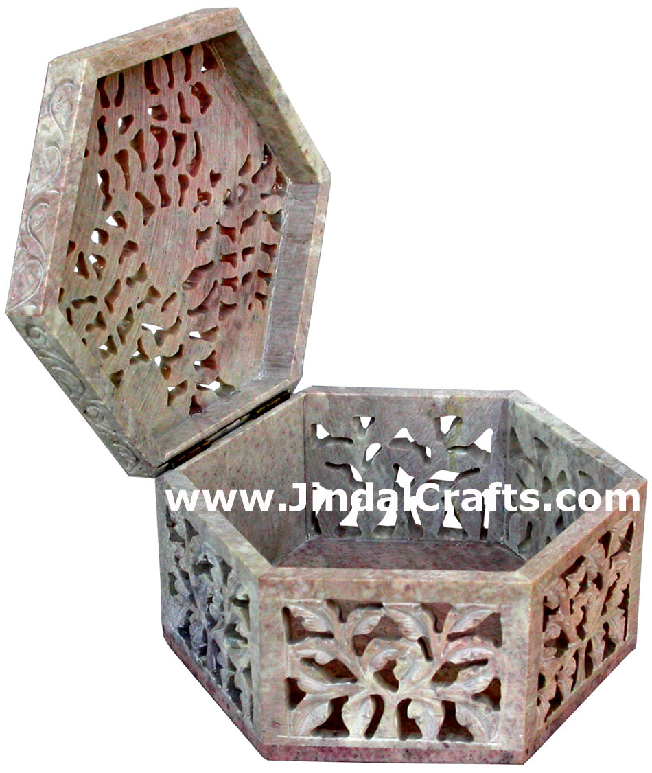Hand Carved Stone Jewelry Multi Purpose Jaali Design Box Indian Handicrafts Arts